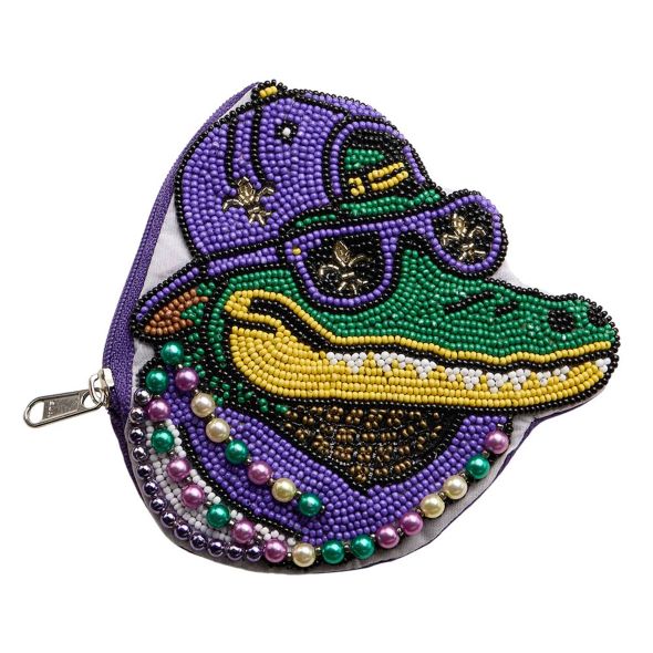 Multi Playful zipper pouch featuring a detailed alligator character design inspired by Mardi Gras festivities. Ideal for storing cosmetics, coins, or small essentials, this novelty pouch adds bold personality to seasonal displays, gift shops, party assortments, and festival-themed retail collections while offering practical everyday organization.