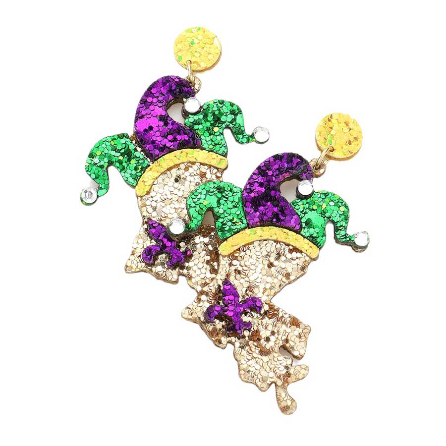 Multi Mardi Gras Glittered Jester Pierrot Hat Dangle Earrings, are perfect for adding a festive flair to any ensemble. Featuring a glossy glitter finish and swinging hat detail, they'll instantly elevate any look. Wear them for a unique addition to your next costume party, Mardi Gras event, or night out.