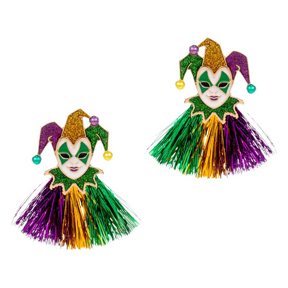 Multi Mardi Gras Glittered Jester Pierrot Tassel Fringe Earrings, are perfect for adding sparkle to your Mardi Gras look. Crafted from premium materials, these earrings feature a fun Jester Pierrot design and tassel fringe detailing for a unique and eye-catching style. A perfect festive gift for family members and friends.