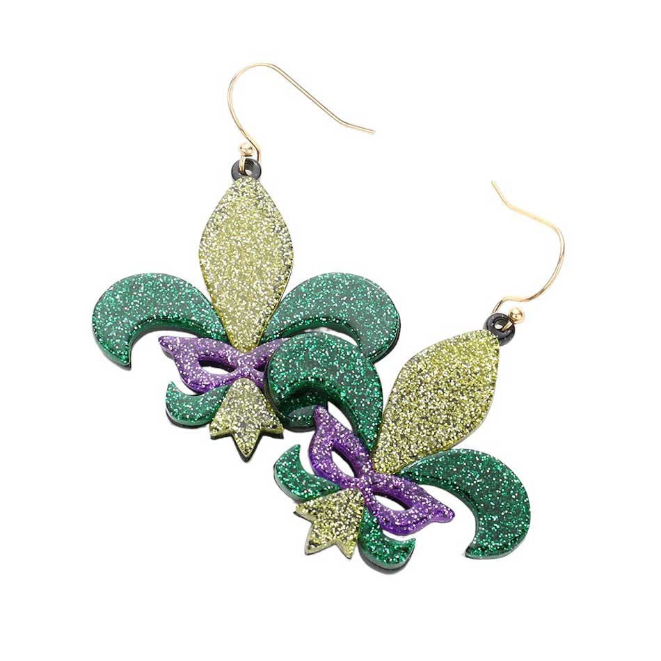 Multi Mardi Gras Glittered Resin Fleur de Lis Mask Dangle Earrings, are perfect for your festive look. Featuring a stylish fleur de lis mask, these dangle earrings are made of high-quality glittered resin for durability and a light-catching effect. Make a perfect festive gift with these beautiful earrings.