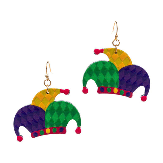 Multi Mardi Gras Jester Pierrot Hat Dangle Earrings, Crafted with quality materials and intricate design, these eye-catching earrings feature a jester's hat with a shimmering metal alloy. Perfect for Mardi Gras or everyday wear, it will add a touch of glamour to your look. Thoughtful festive gift idea for loved ones.