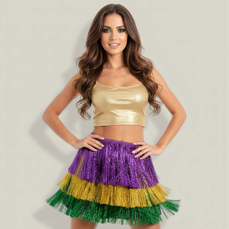 Multi Layered fringe skirt designed for festive events and statement outfits. Features a playful tiered design with dynamic movement that adds energy to every step. Ideal for costume parties, parades, themed celebrations, performances, and standout looks that bring fun and flair to any occasion.