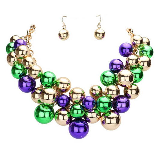 Multi Mardi Gras Metal Ball Statement Jewelry Set, is a great way to show your Mardi Gras spirit. Its unique design, featuring colorful metal balls, is sure to turn heads. With adjustable lengths, this statement necklace and earrings are perfect for all shapes and sizes. Perfect for gifting to your loved ones on festivals.