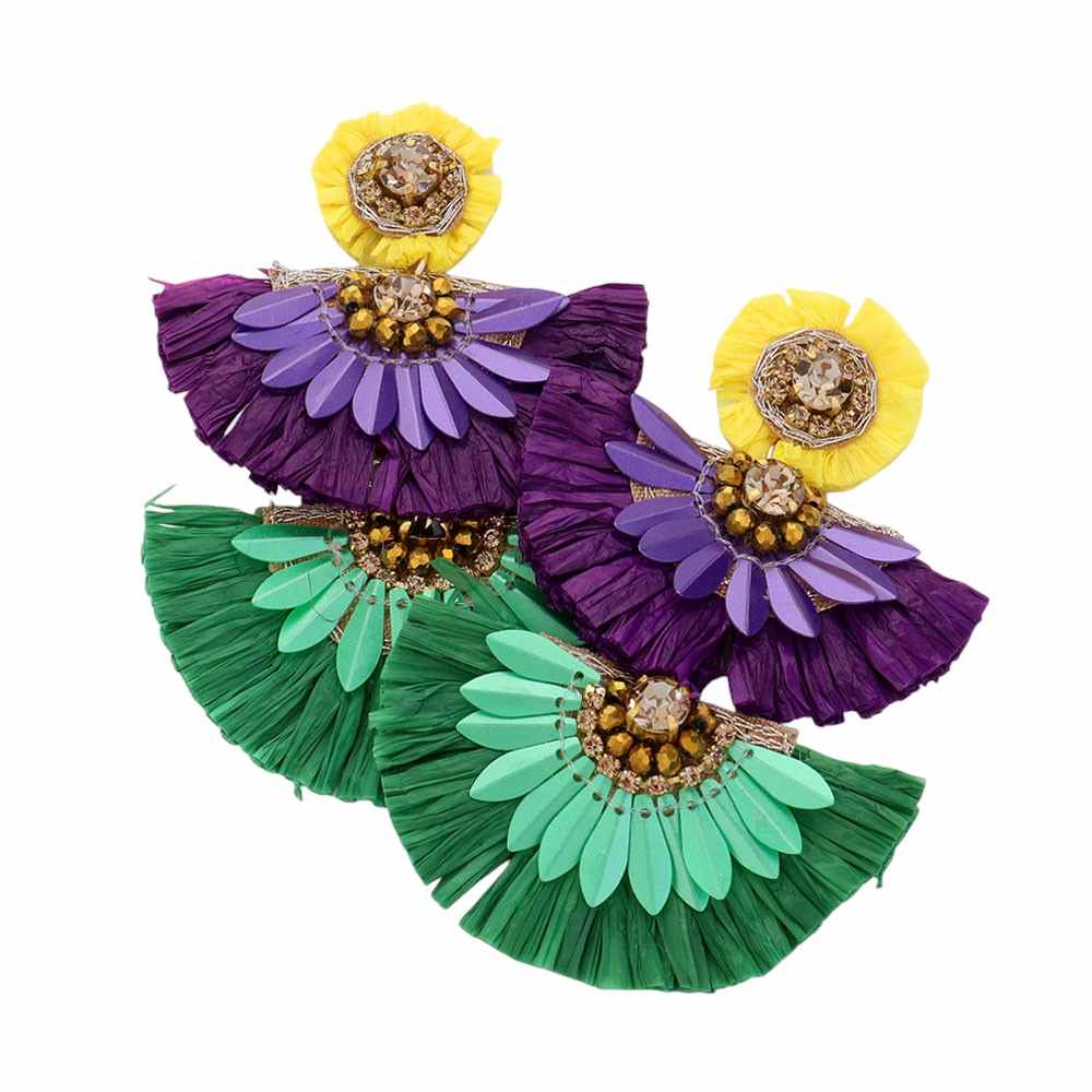 Multi-Mardi Gras Stone Pointed Raffia Fan Link Earrings are a stylish and unique addition to any outfit. The pointed raffia fan design adds a touch of elegance, while the Mardi Gras stones add a pop of color. With expert craftsmanship and a lightweight feel, these earrings are perfect for any occasion. 