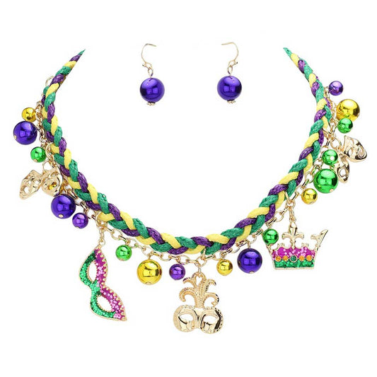 Multi Mardi Gras Thread Braided Mask Crown Pendant Jewelry Set, Elevate your Mardi Gras style. Made with intricate detailing and vibrant colors, this set is perfect for any festive occasion. Show off your unique fashion sense and embrace the party with this one-of-a-kind piece. Perfect for the celebration and everyday wear.