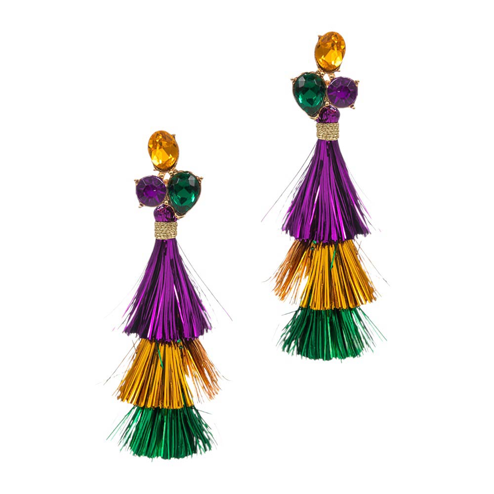 Multi Mardi Gras Triple Tassel Layered Dangle Earrings, will make you stand out in the crowd. These earrings feature three sets of tassels that create an eye-catching layered design. The earrings are perfect for adding a touch of sparkle and color to your Mardi Gras outfit. Perfect festive for family members and friends.
