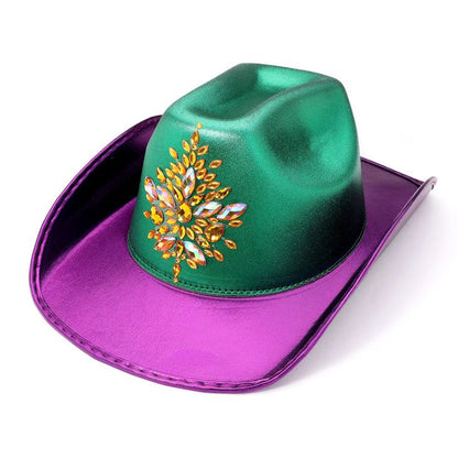 Multi Festive cowboy-style hat designed for parades, themed parties, and carnival celebrations. Features a decorative sequin design and structured western shape that elevates costumes, group outfits, photo ops, and event styling with bold, playful flair.