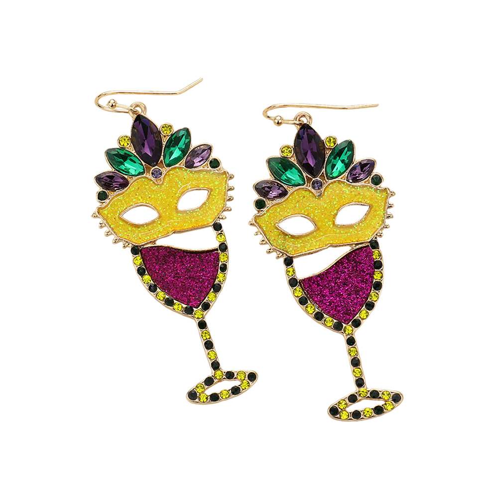 Multi-Marquise Stone Sparkly Mardi Gras Mask Wine Glass Dangle Earrings indulge in the festive spirit. Crafted with shimmering marquise stones and intricate mask and wine glass details, these earrings are the perfect accessory for any Mardi Gras celebration. Elevate your ensemble and make a statement with these eye-catching beauties. 