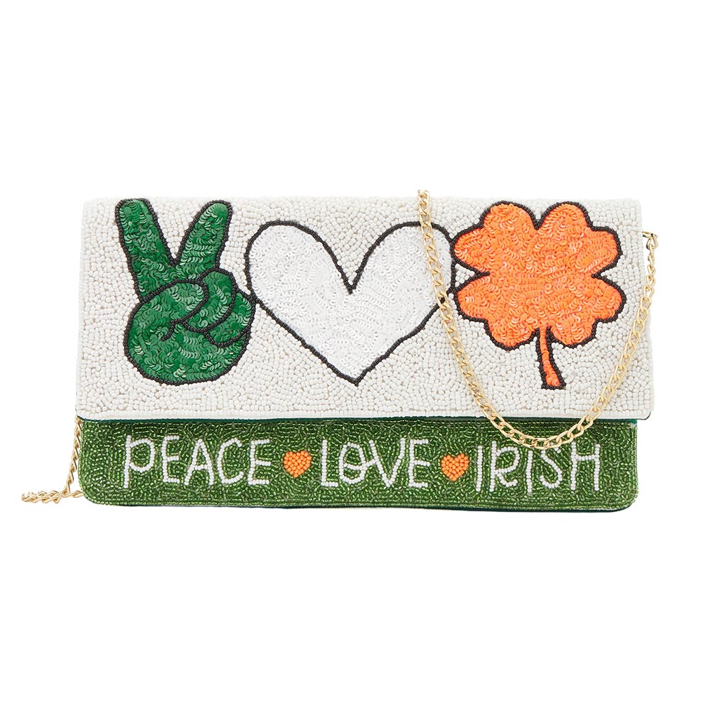 Multi-PEACE LOVE IRISH Message Sequin Beaded Clutch / Crossbody Bag is the perfect accessory for showing off your Irish pride. With its intricate message design and versatile functionality as both a clutch and crossbody bag, this stylish accessory is sure to turn heads while keeping your belongings organized. Made with high-quality materials, this bag is not only fashionable but also durable. Bring a bit of luck and love into your wardrobe with this unique bag.