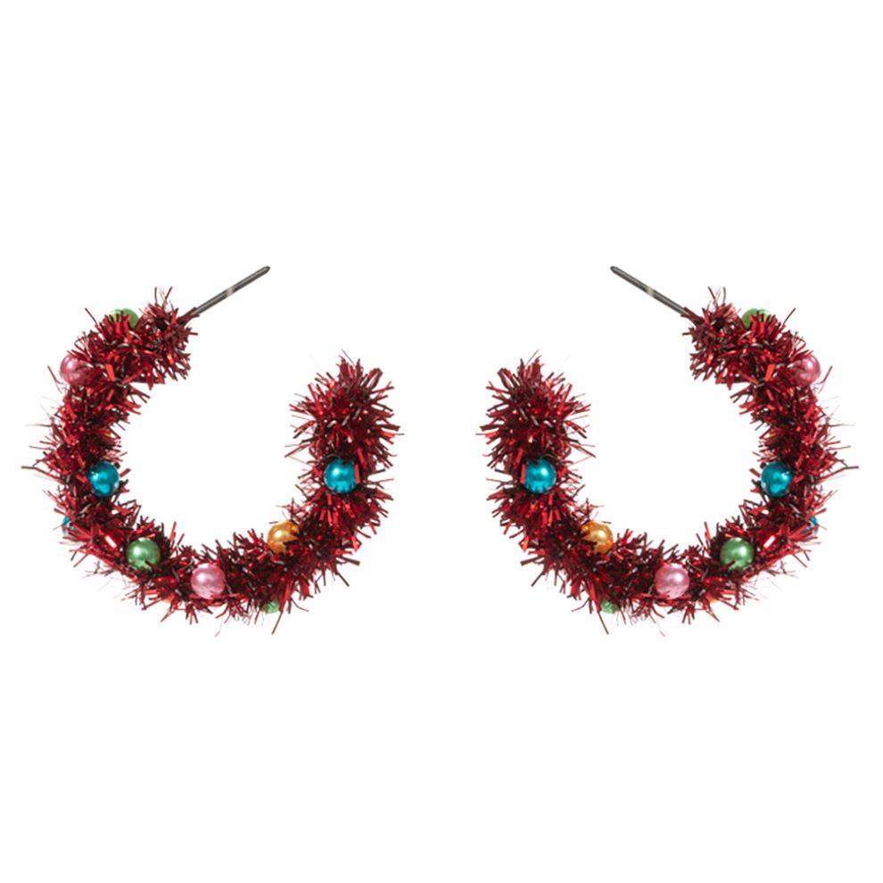 Celebrate the season with these festive tinsel hoop earrings, decorated with miniature ornament accents for a cheerful holiday touch. Lightweight and eye-catching, they’re perfect for adding playful flair to party outfits, winter gatherings, or seasonal celebrations.