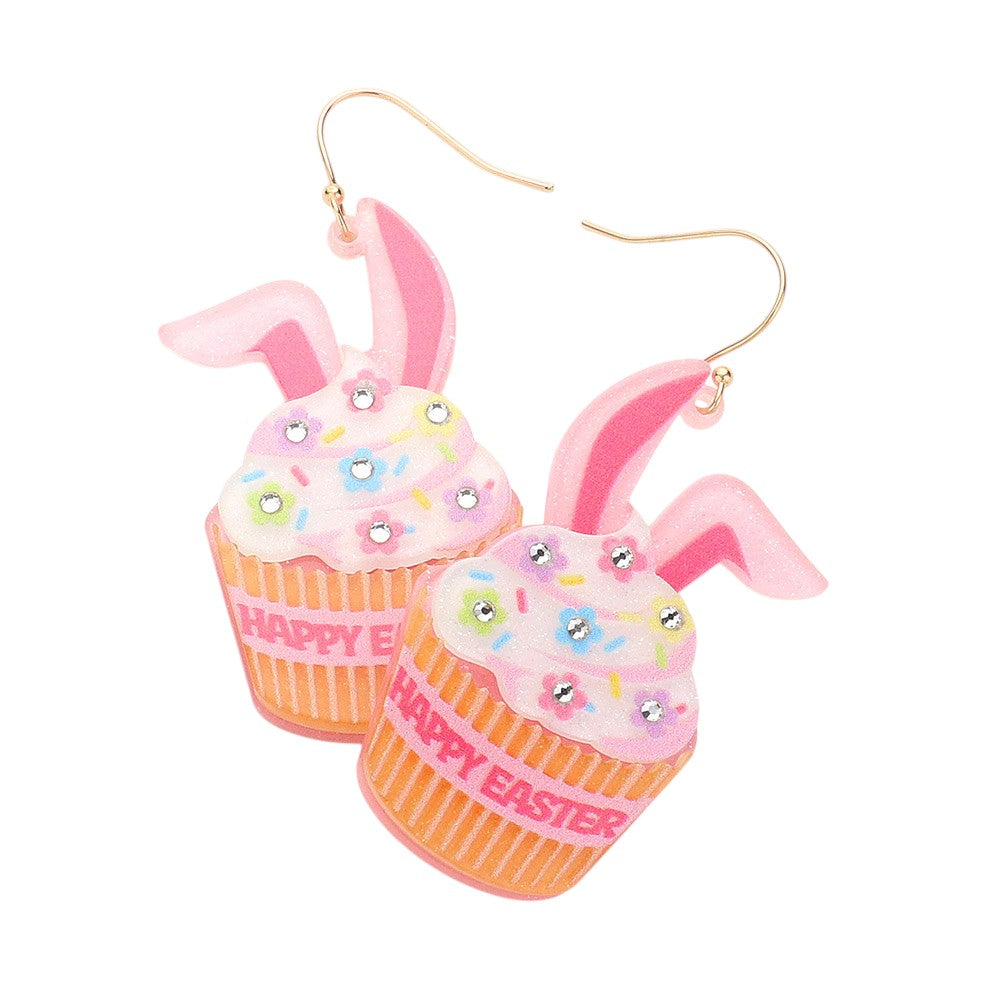 Resin Happy Easter Message Bunny Cupcake Dangle Earrings - White/Navy - Earrings