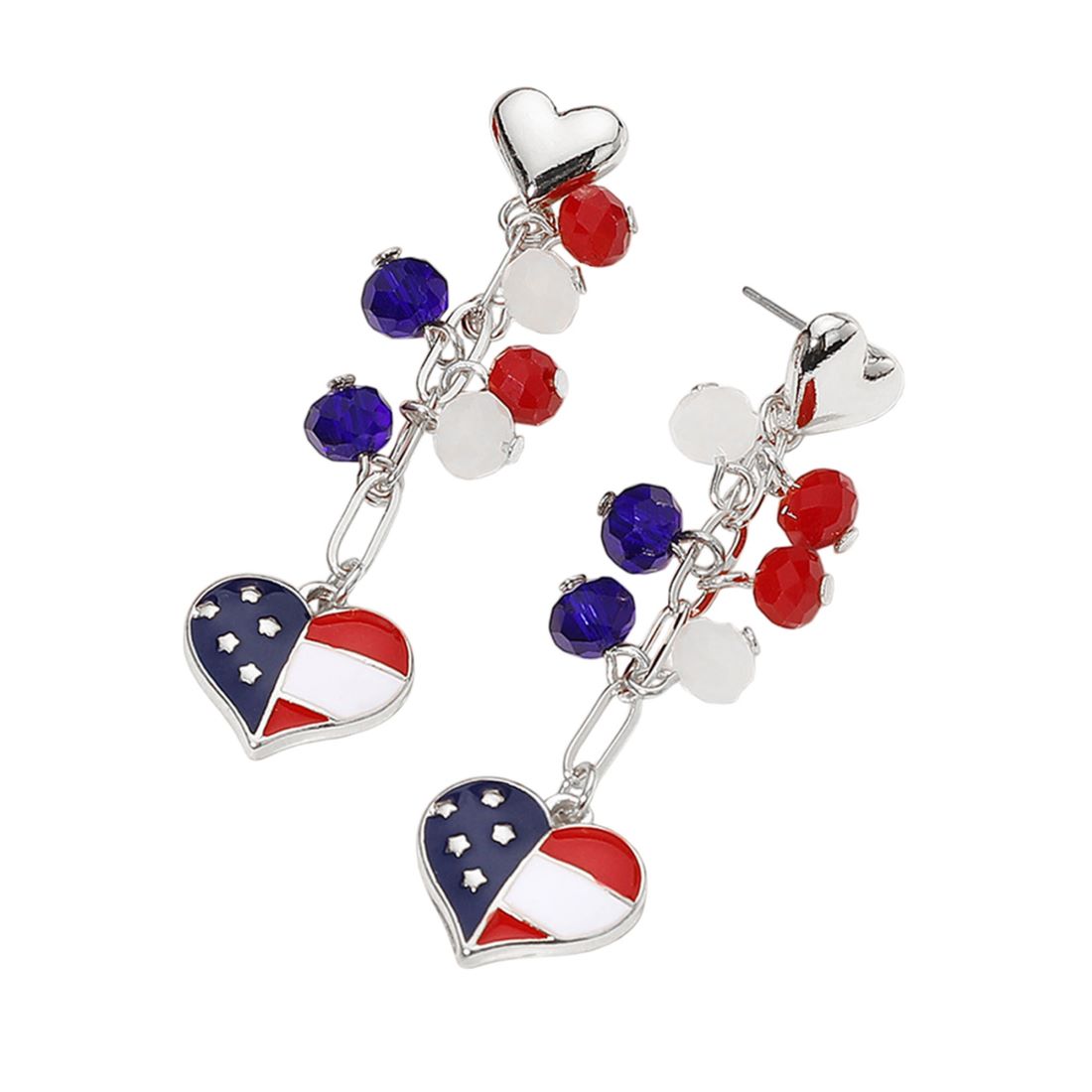 Multi Rodhium Dangle heart earrings with faceted bead accents and star details. A bold, patriotic style perfect for festive events, parties, or spirited everyday wear. Lightweight and eye-catching.
