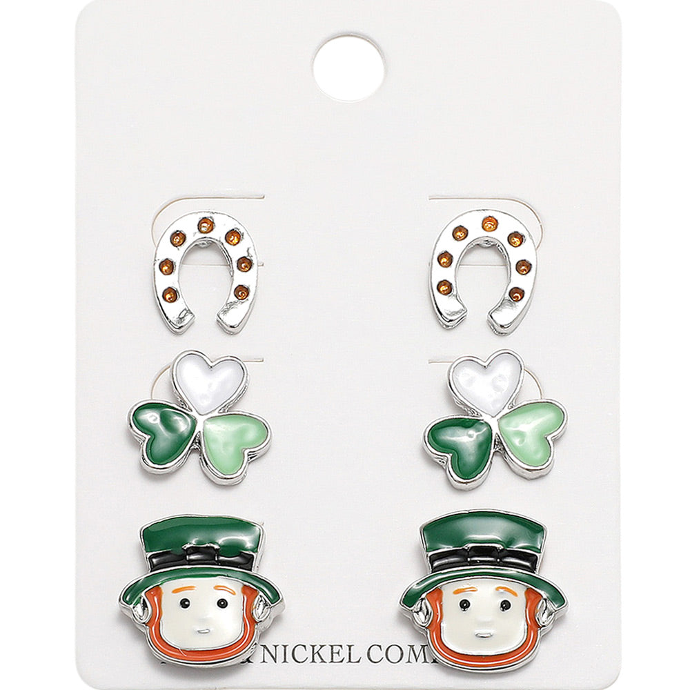 Multi-Rhodium-Enamel St Patricks Clover Leprechaun Horseshoe Stud Earring Set is a must-have for any St. Patrick's Day celebration. The vibrant enamel design features both clovers and leprechauns, representing luck and prosperity. The metal horseshoe adds an extra touch of charm. Elevate your holiday outfit with this festive and stylish accessory. 