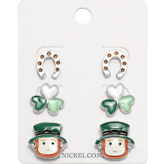 Multi-Rhodium-Enamel St Patricks Clover Leprechaun Horseshoe Stud Earring Set is a must-have for any St. Patrick's Day celebration. The vibrant enamel design features both clovers and leprechauns, representing luck and prosperity. The metal horseshoe adds an extra touch of charm. Elevate your holiday outfit with this festive and stylish accessory.