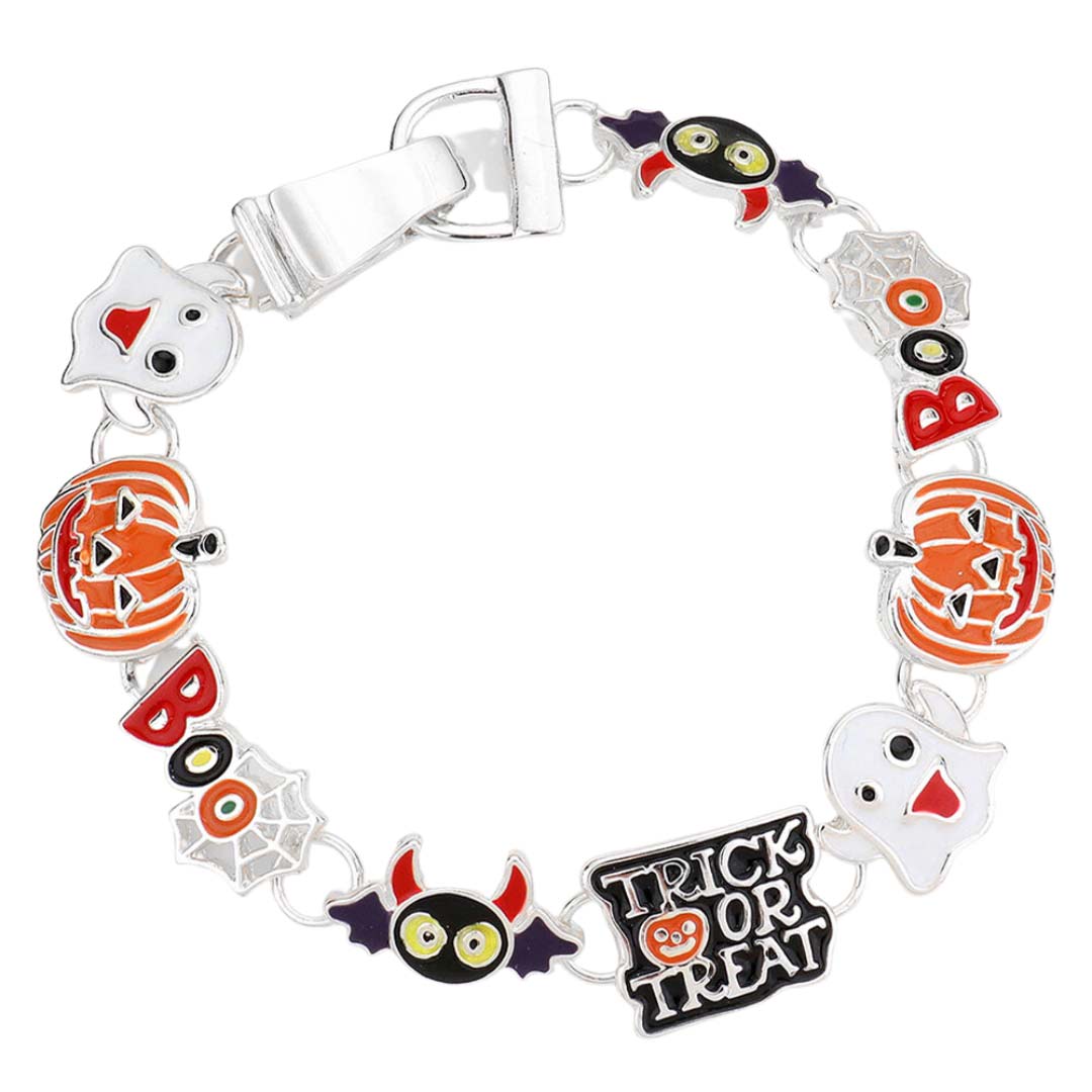 Multi Silver Boo Trick Or Treat Ghost Pumpkin Bat Link Magnetic Bracelet, enhance your attire with this beautiful Halloween bracelet to show off your fun trendsetting style at Halloween. This is the perfect gift for Halloween, especially for your friends, family, and the people you love and care about.