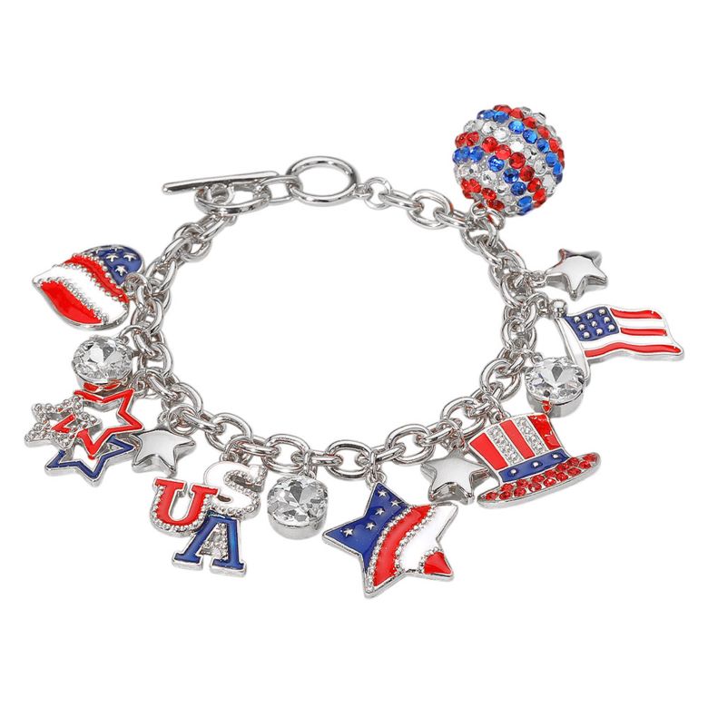 Multi Silver Celebrate patriotic spirit with this USA-themed charm bracelet featuring detailed charms like stars, flags, and festive symbols. A bold accessory perfect for national holidays, parades, or everyday expression of pride.