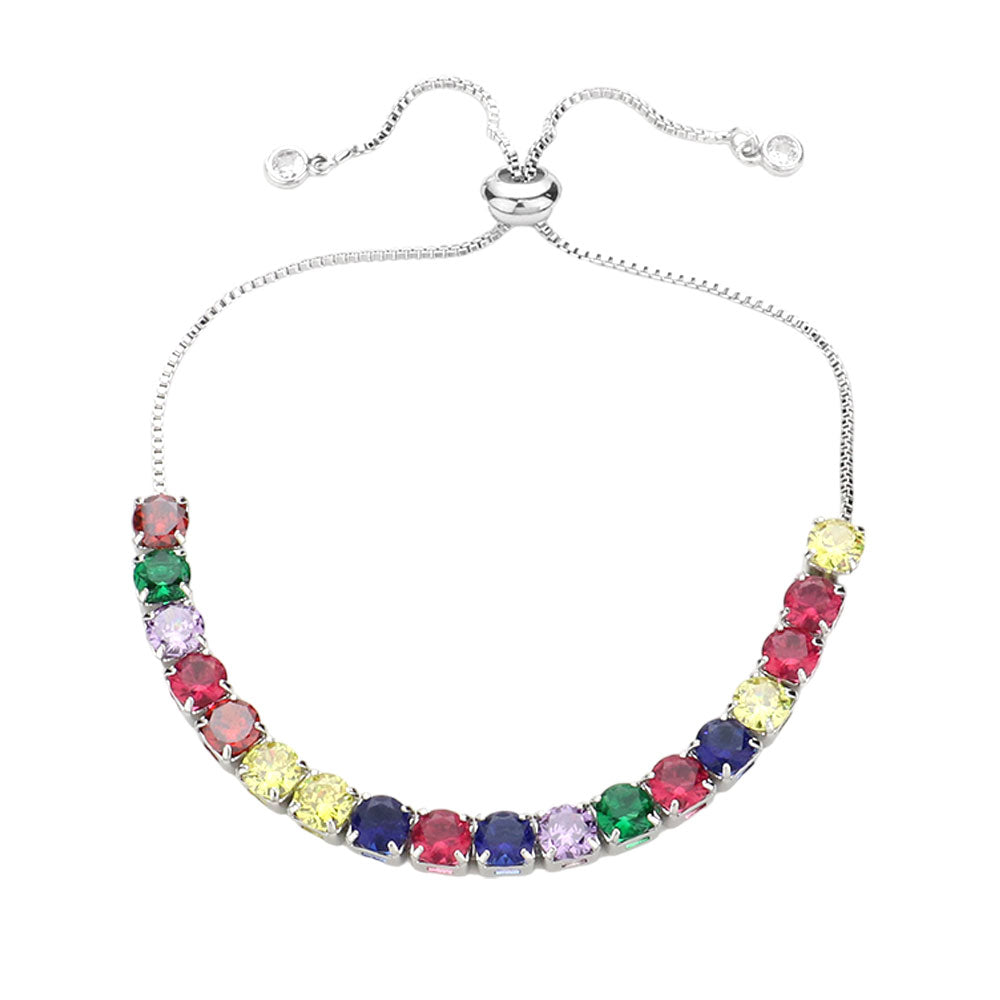 Stainless Steel Round CZ Stone Tennis Chain Pull Tie Adjustable Bracelet - White/Navy - Bracelets