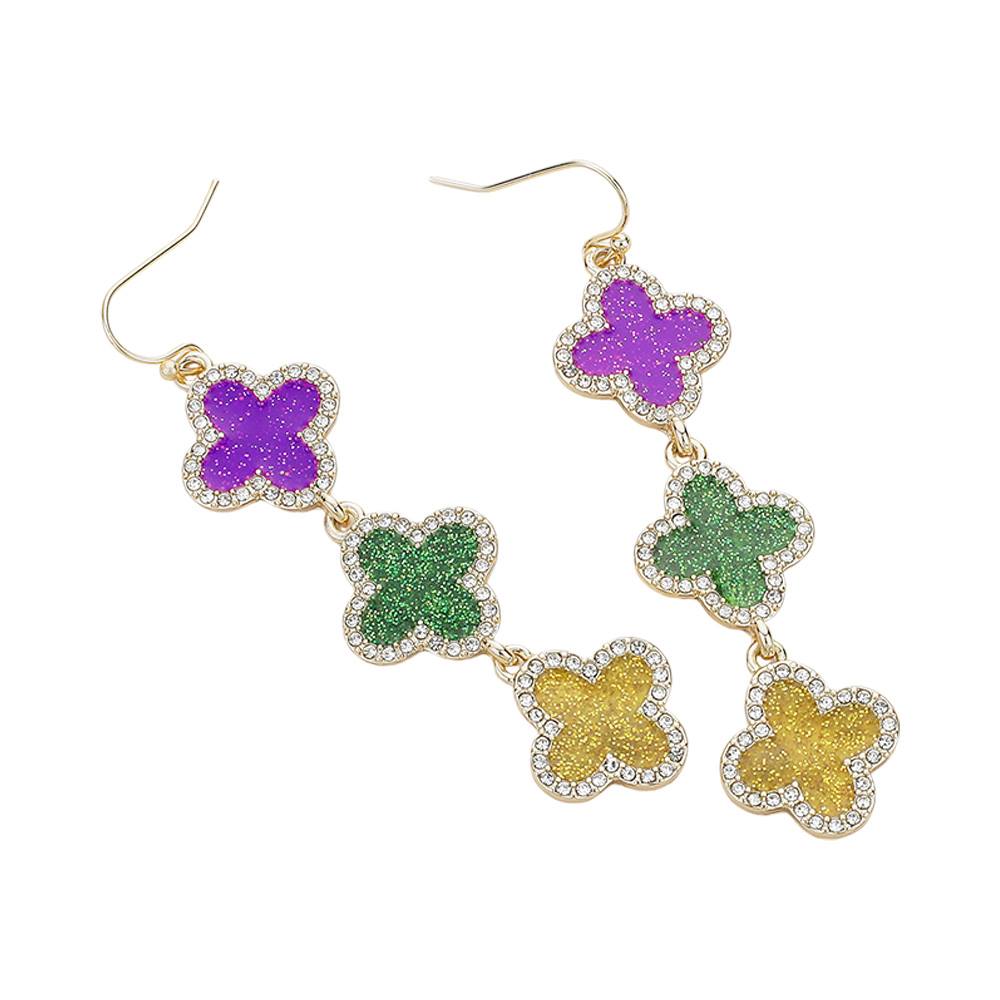 Multi-Triple Stone Paved Rim Sparkly Mardi Gras Quatrefoil Link Dropdown Dangle Earrings are designed for those who want to make a statement with their accessories. The colorful Mardi Gras themed stones add a touch of fun and glamour, making these earrings perfect for any evening event. Featuring a dropdown dangle design, these earrings are sure to catch everyone's eye. 