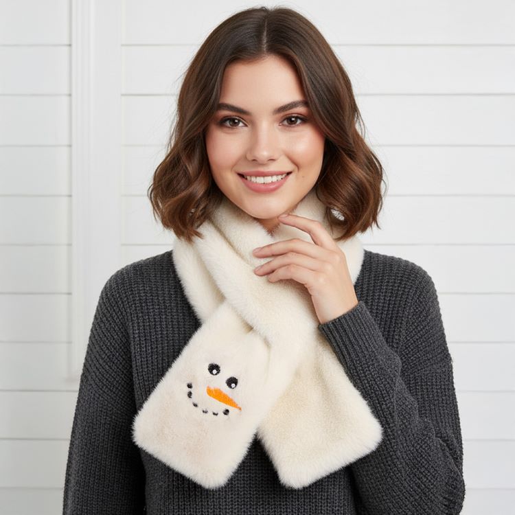 Add cozy charm to your winter look with this snowman scarf featuring a cheerful embroidered face. Perfect for holiday outfits, seasonal gatherings, and gifting, this soft accessory keeps you warm while spreading festive cheer.