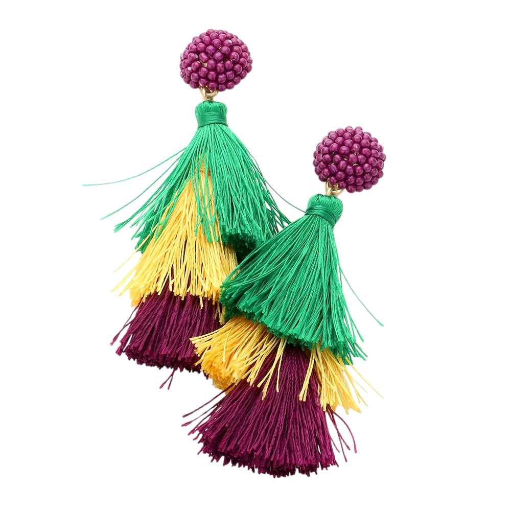 Multi-Worn-Gold-Mardi Gras Beaded Dome Triple Layered Tassel Dangle Earrings are a colorful addition to any outfit. The intricate design features multiple layers of beads and tassels, adding texture and movement. Perfect for Mardi Gras celebrations or adding a touch of festive style to your everyday look.