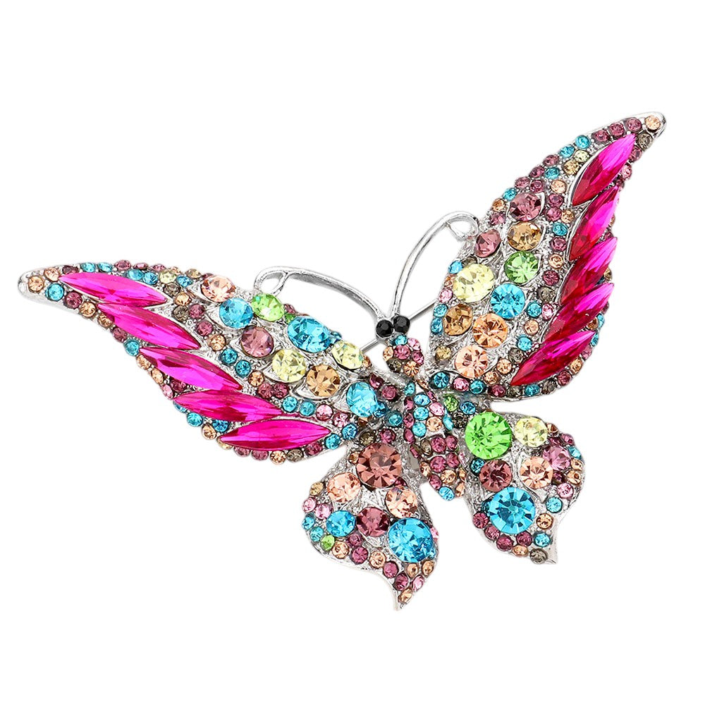 Multi Glass Crystal Butterfly Pin Brooch is expertly crafted with sparkling glass crystals, adding a touch of elegance and sophistication to any outfit. With its timeless butterfly design, this tasteful accessory is perfect for any occasion. Enhance your ensemble with a touch of shimmer and charm.