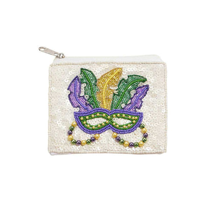 Mardi Gras Mask Sequin Pearl Ball Seed Beaded Mini Pouch Bag features a mask design crafted with sequins, pearls, and seed beads for a festive touch. The perfect accessory for any Mardi Gras celebration, this bag is both stylish and functional, capable of holding small items while adding charm to any outfit.