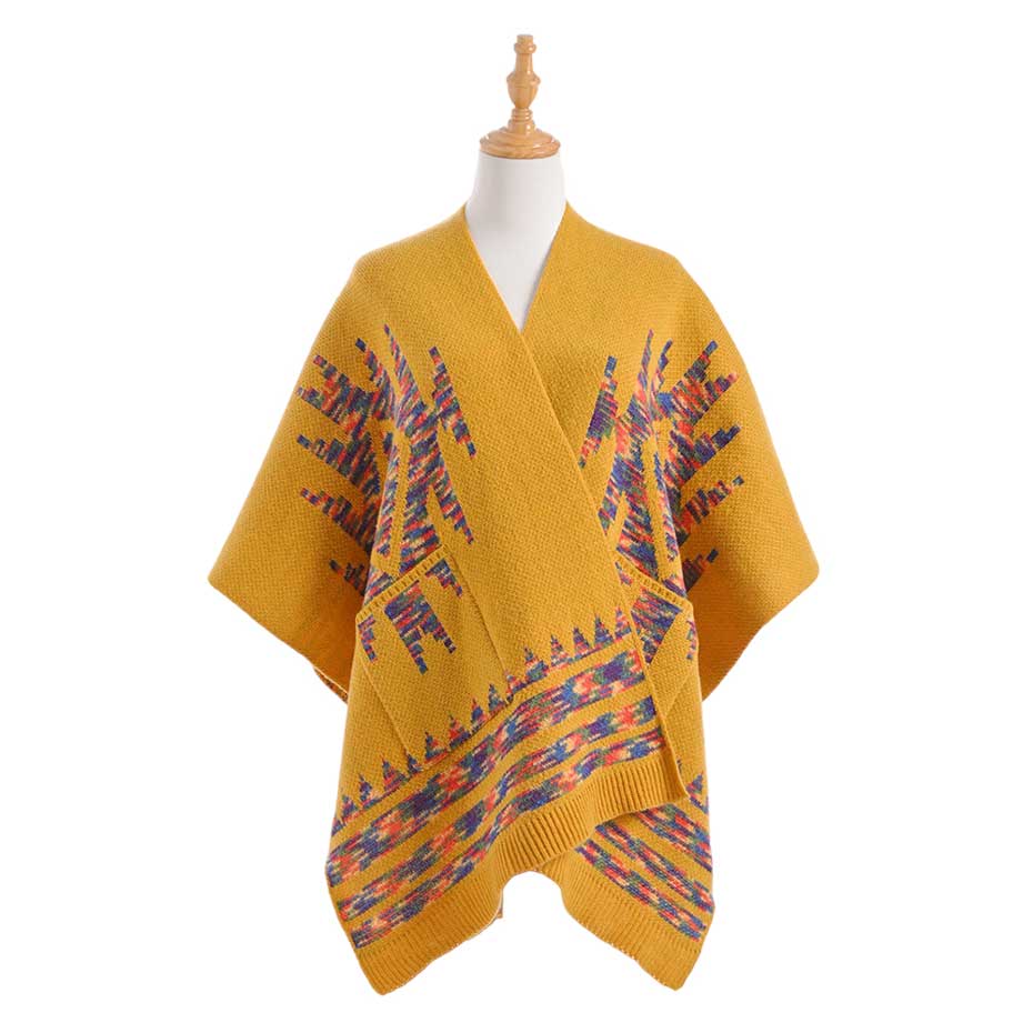 Mustard Boho Patterned Front Pockets Poncho, with the latest trend in ladies' outfit cover-up! the high-quality knit poncho is soft, comfortable, and warm but lightweight. It's perfect for your daily, casual, party, evening, vacation, and other special events outfits. A fantastic gift for your friends or family.