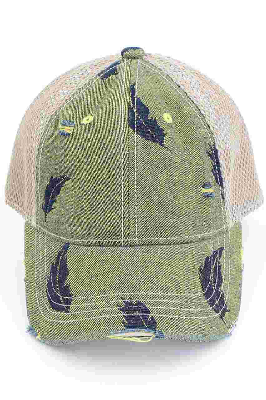 C.C LEAF MOTIF JACQUARD DENIM BASEBALL PONYCAP - Mustard - Baseball Cap