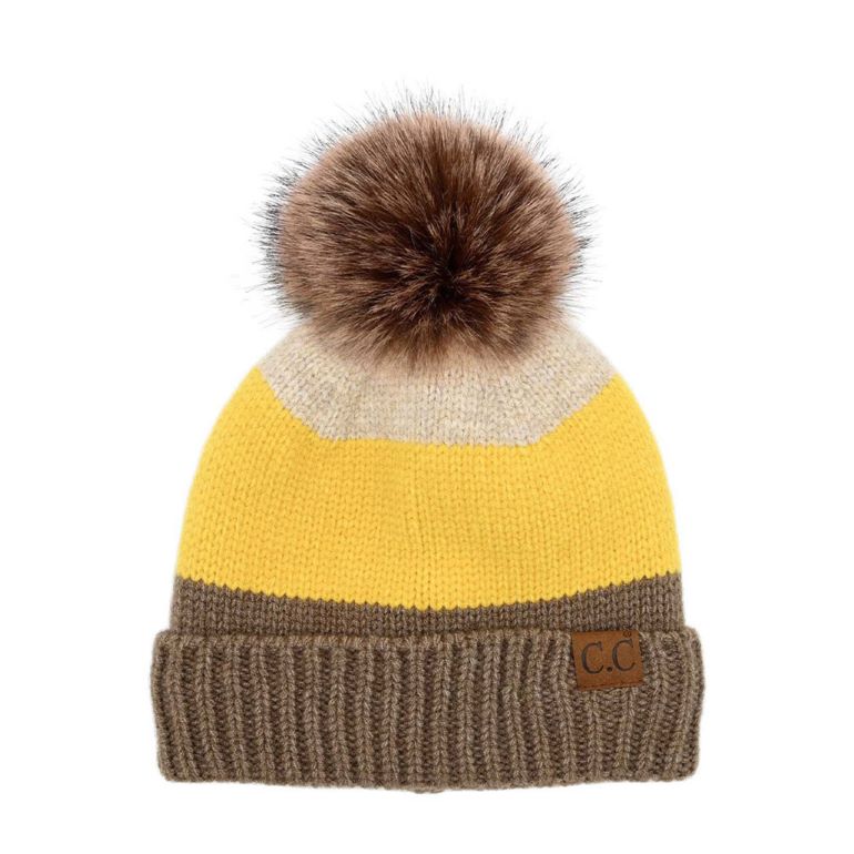 Mustard Multi Color Block Pom C.C Beanie,&nbsp;wear it before running out the door into the cool air to keep yourself warm and toasty and look absolutely beautiful. You’ll want to reach for this toasty beanie to keep you incredibly warm everywhere and every occasion. Accessorize the fun way with this pom hat. It's the autumnal touch you need to finish your outfit in style. Awesome winter gift accessory for Birthday, Christmas, Stocking Stuffer, Secret Santa, Holiday, Anniversary, or Valentine's Day to your 