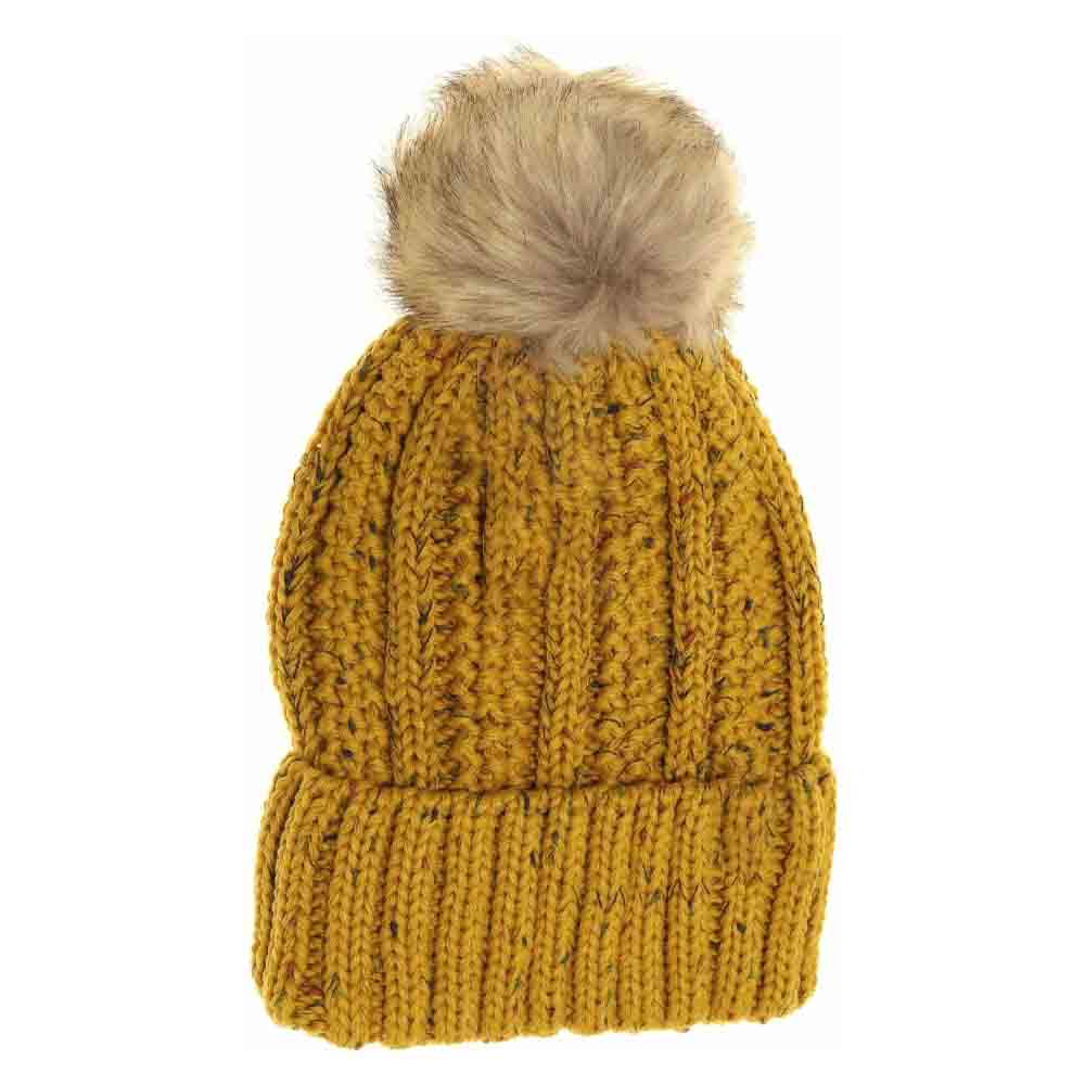 Fuzzy Lined Flecked Fur Pom C.C Beanie - Mustard - Beanies