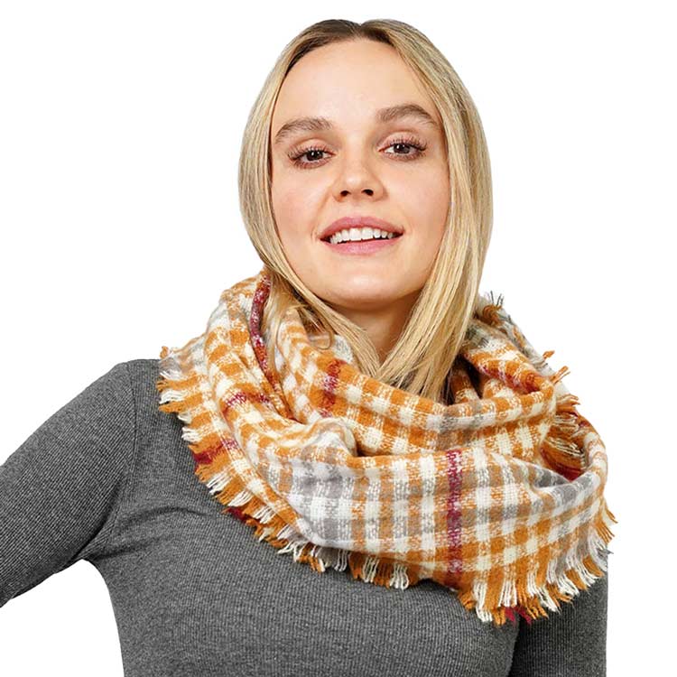 Mustard Plaid Check Patterned Infinity Scarf, delicate, warm, on-trend & fabulous, a luxe addition to any cold-weather ensemble. This scarf combines great fall style with comfort and warmth. It's a perfect weight and can be worn to complement your outfit. Perfect gift for birthdays, holidays, or any occasion.