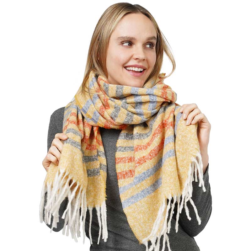 Mustard Striped Fringe Scarf, is delicate, warm, on-trend & fabulous, and a luxe addition to any cold-weather ensemble. This striped fringe scarf combines great fall style with comfort and warmth. It's a perfect weight and can be worn to complement your outfit. Perfect gift for birthdays, holidays, or any occasion.