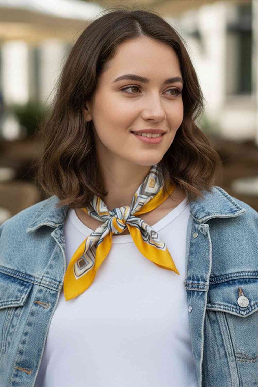 Mustard Elevate your accessory game with this modern abstract square pattern bandana scarf. Crafted from 100% lightweight polyester with a silky finish, it's the perfect year-round companion for any outfit. Measuring 27.5" x 27.5", this versatile scarf works as a headwrap, neck accessory, or styling statement piece. The contemporary geometric print adds an artistic touch to casual and dressed-up looks alike. Soft, breathable, and easy to care for your new go-to accessory.