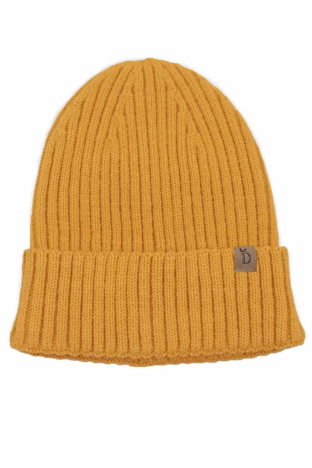Mustard The Solid Color Ribbed Knit Cuff Beanie features a sleek, minimalist design with a ribbed texture and fold-over cuff for a classic winter look. Made from soft, stretchy knit fabric, it provides cozy warmth and a snug, comfortable fit for everyday wear.