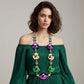 Multi, Purple Oversized statement beaded necklace featuring bold round accents arranged for dramatic impact and playful movement. Designed to stand out at parties, themed events, parades, and celebrations, this necklace elevates simple outfits with eye-catching style while remaining lightweight and easy to wear.