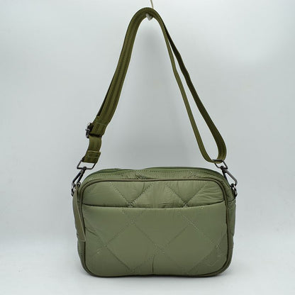 Quilted Puffer Crossbody Bag with Adjustable Webbing Strap - Olive - Crossbody Bags