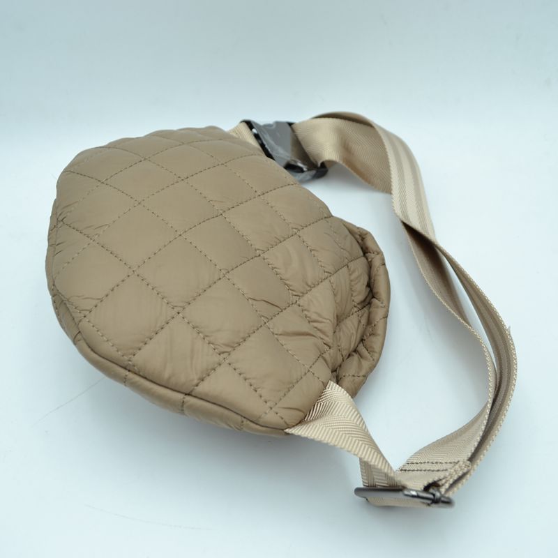 Quilted Puffer Belt Bag with Dual Zipper Pulls and Adjustable Strap - Olive - Belt Bag With Chain