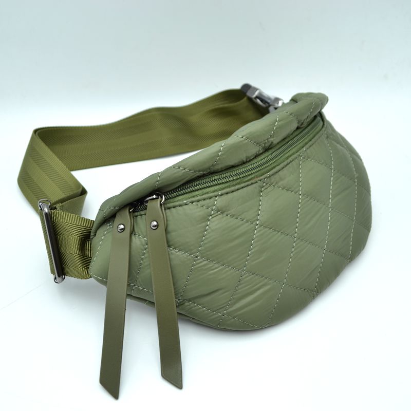Quilted Puffer Belt Bag with Dual Zipper Pulls and Adjustable Strap - Olive - Belt Bag With Chain