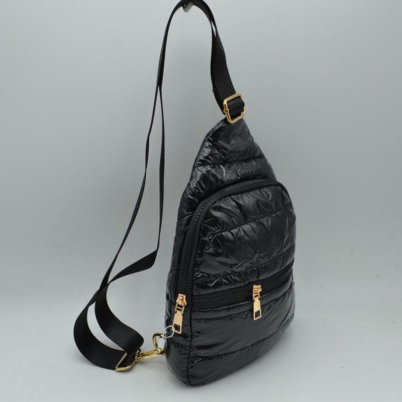 Quilted Puffer Sling Backpack with Front Zipper Pocket and Adjustable Strap - Black - Backpacks