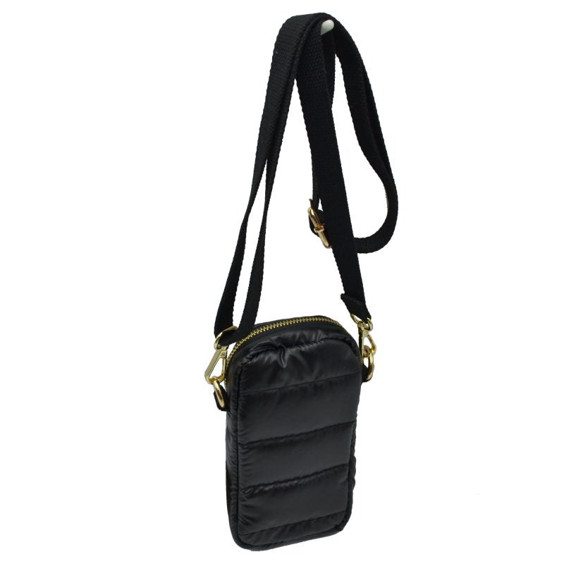 Compact Puffer Crossbody Bag Mini Vertical Shoulder Bag with Adjustable Strap - Black - Crossbody Bags