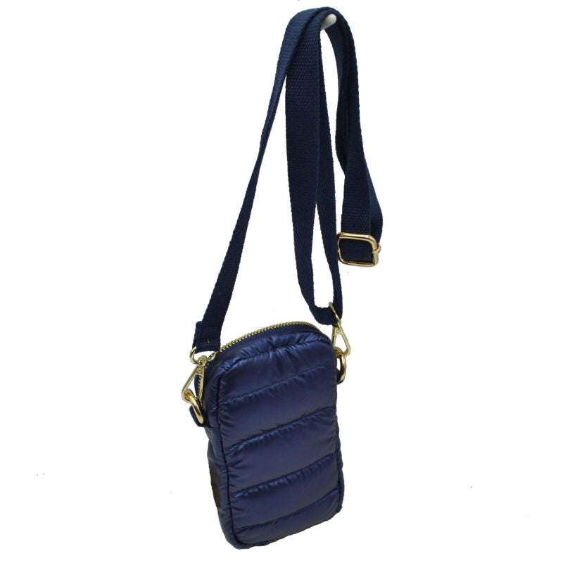 Compact Puffer Crossbody Bag Mini Vertical Shoulder Bag with Adjustable Strap - Navy Blue - Crossbody Bags