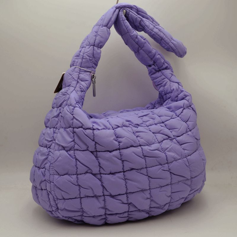 Quilted Puffer Hobo Shoulder Bag with Matching Padded Strap - Purple - Shoulder Bag
