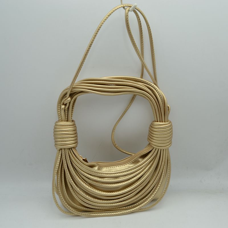 Sculptural Multi-Cord Crescent Bag with Wrapped Knot Details - Gold - Hobo Bags