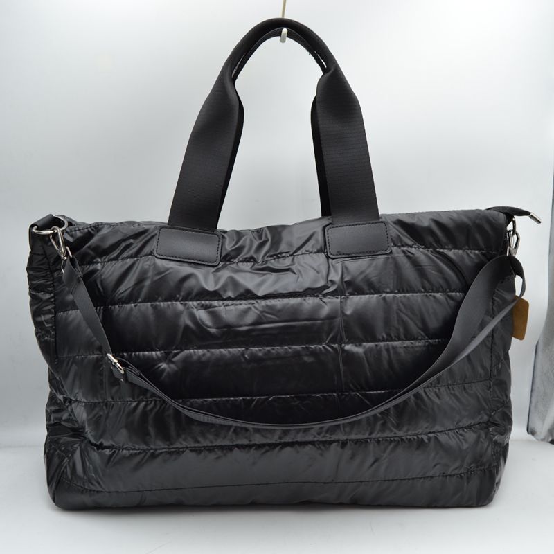Horizontal Puffer Quilted Weekender Travel Duffel Bag with Shoulder Strap - Black - Duffel Bag