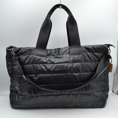 Horizontal Puffer Quilted Weekender Travel Duffel Bag with Shoulder Strap - Black - Duffel Bag