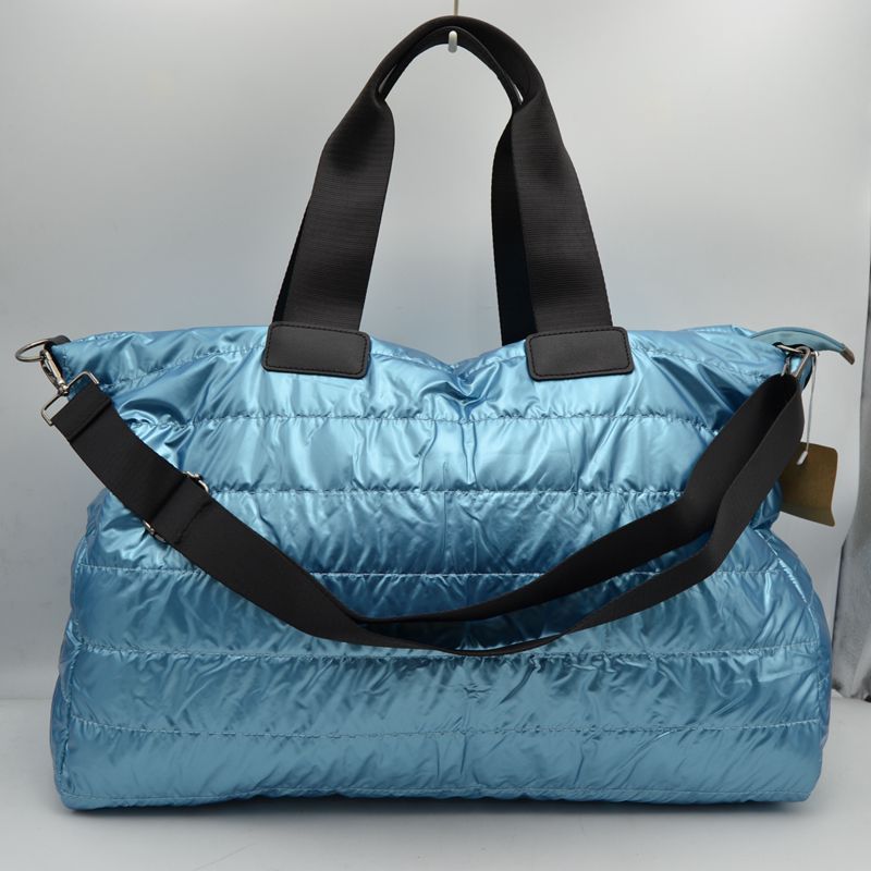 Horizontal Puffer Quilted Weekender Travel Duffel Bag with Shoulder Strap - Blue - Duffel Bag