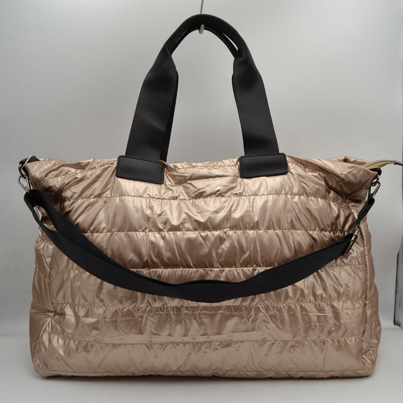 Horizontal Puffer Quilted Weekender Travel Duffel Bag with Shoulder Strap - Rose Gold - Duffel Bag