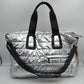 Horizontal Puffer Quilted Weekender Travel Duffel Bag with Shoulder Strap - Silver - Duffel Bag
