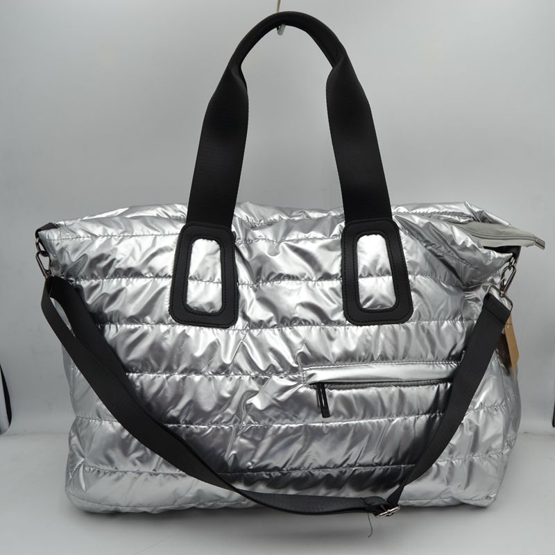 Horizontal Puffer Quilted Weekender Travel Duffel Bag with Shoulder Strap - Silver - Duffel Bag