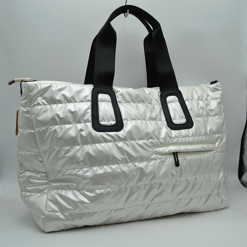 Horizontal Puffer Quilted Weekender Travel Duffel Bag with Shoulder Strap - White - Duffel Bag